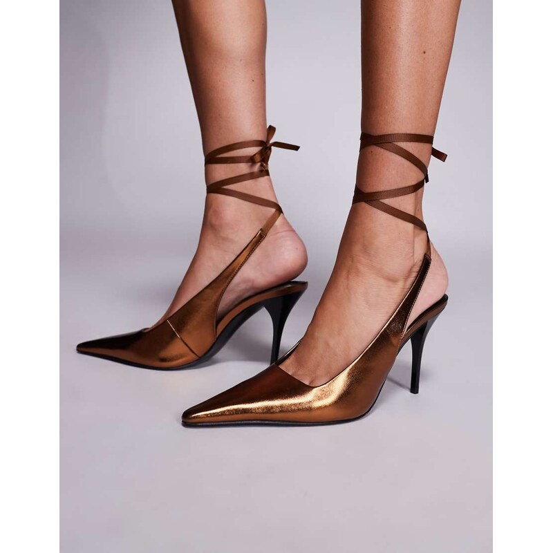 ASOS DESIGN Pascha tie leg detail high heeled shoes in bronze-Brown 114717755