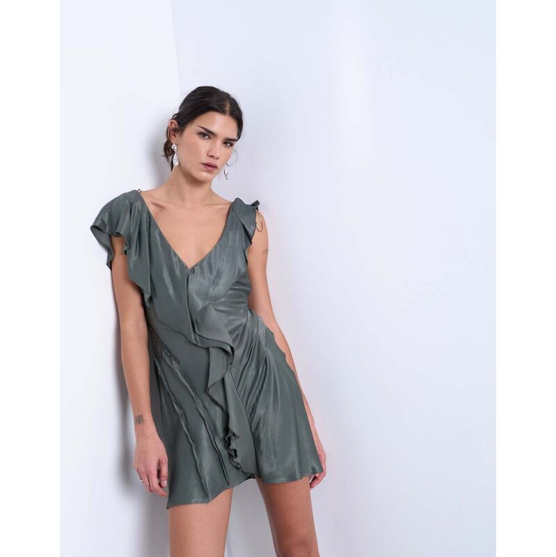 Topshop raw seemed frill mini dress in petrol-Blue