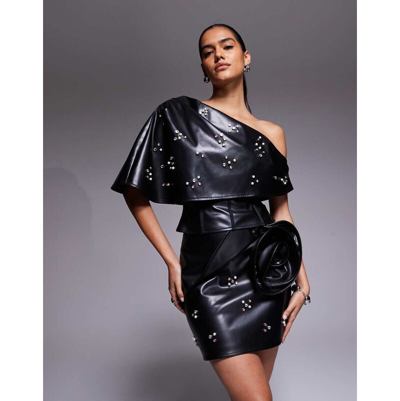 ASOS LUXE PU mini skirt with embellishment and corsage in black