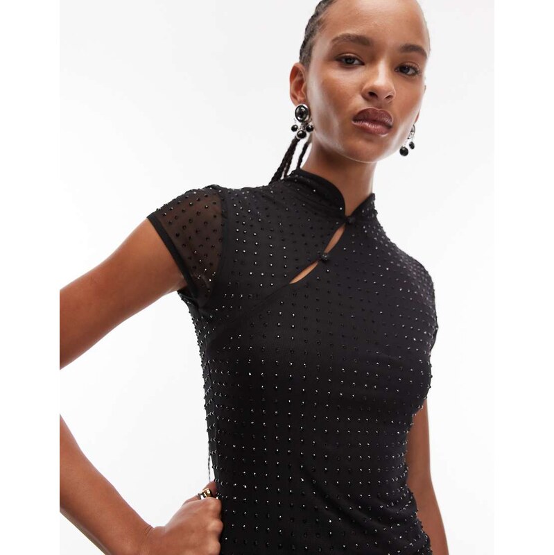 ASOS DESIGN hot fix sheer mesh top with rouleau loop button