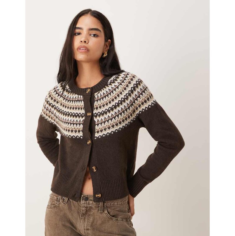 Threadbare crew neck cardigan with fairisle detail print in
