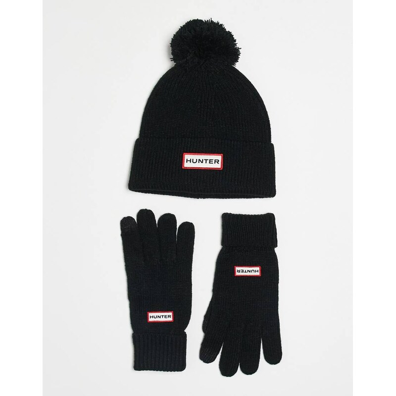 Hunter Unisex beanie & glove gift set in black