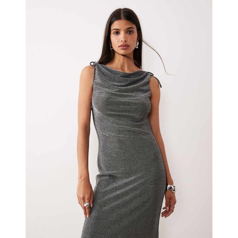 AWARE glitter jersey cowl neck cami midi dress in black and