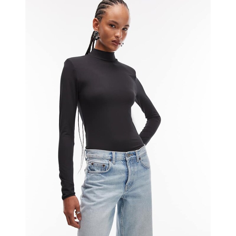 ASOS DESIGN slinky high neck shoulder pad long sleeve bodysuit in 109476786