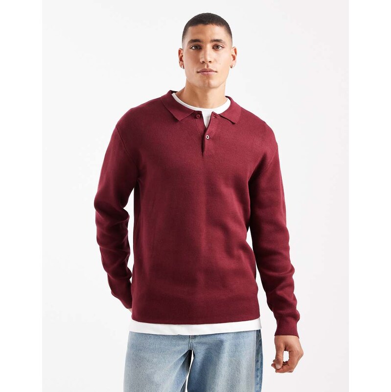 New Look compact knit polo jumper in dark burgundy-Red