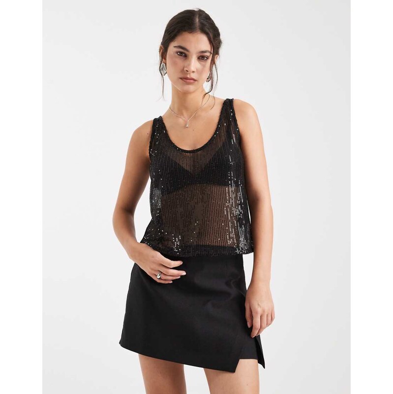 Pieces sheer sequin cami top in black