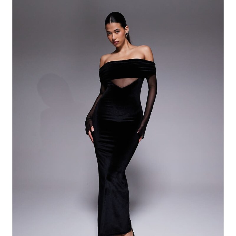 Kaiia exclusive foldover bardot sheer sleeve velvet maxi dress in 109476852