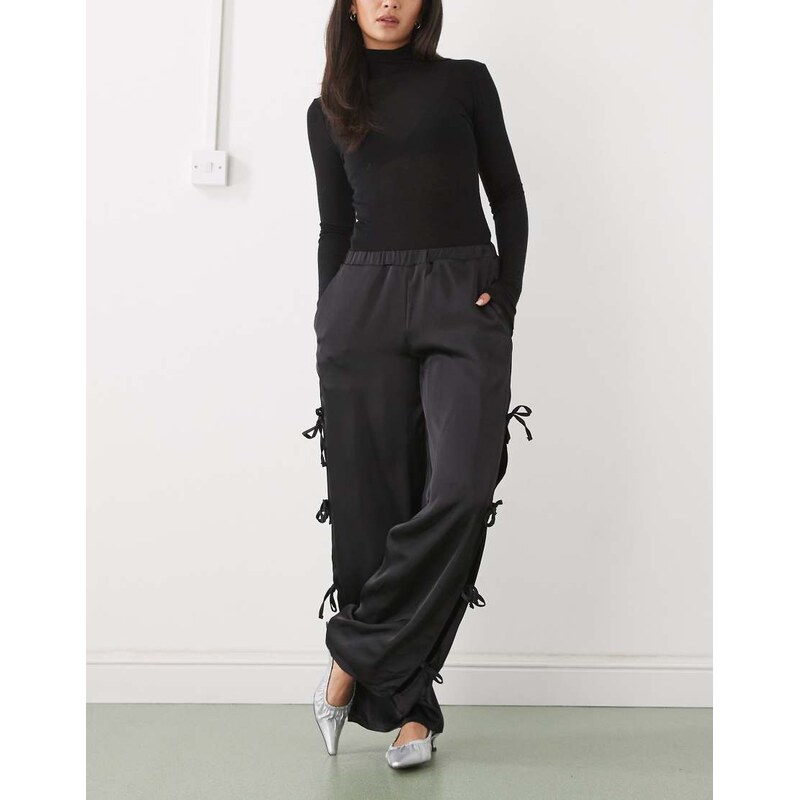 Noisy May tie detail satin trouser in black 109476855