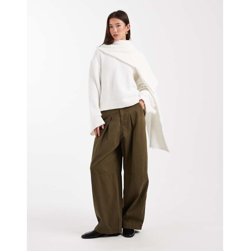 ASOS DESIGN knitted jumper with attached scarf with wool in cream-White