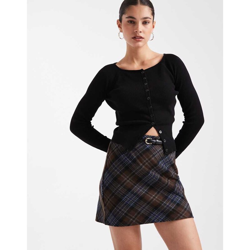 New Look brushed check belted mini skirt in brown