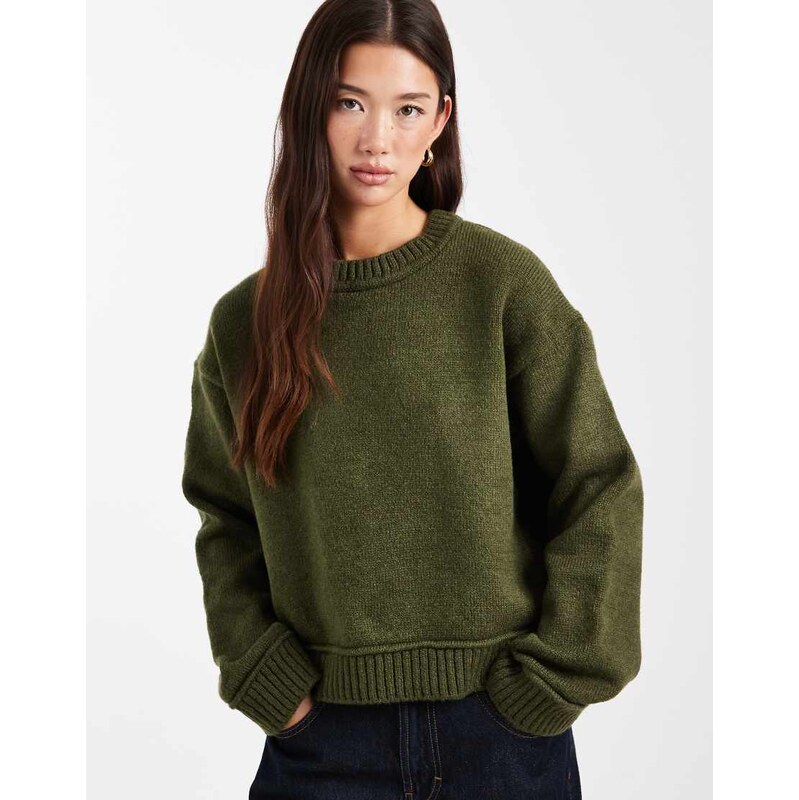 ASOS DESIGN knitted jumper with wide rib detailing in khaki-Green 115517431