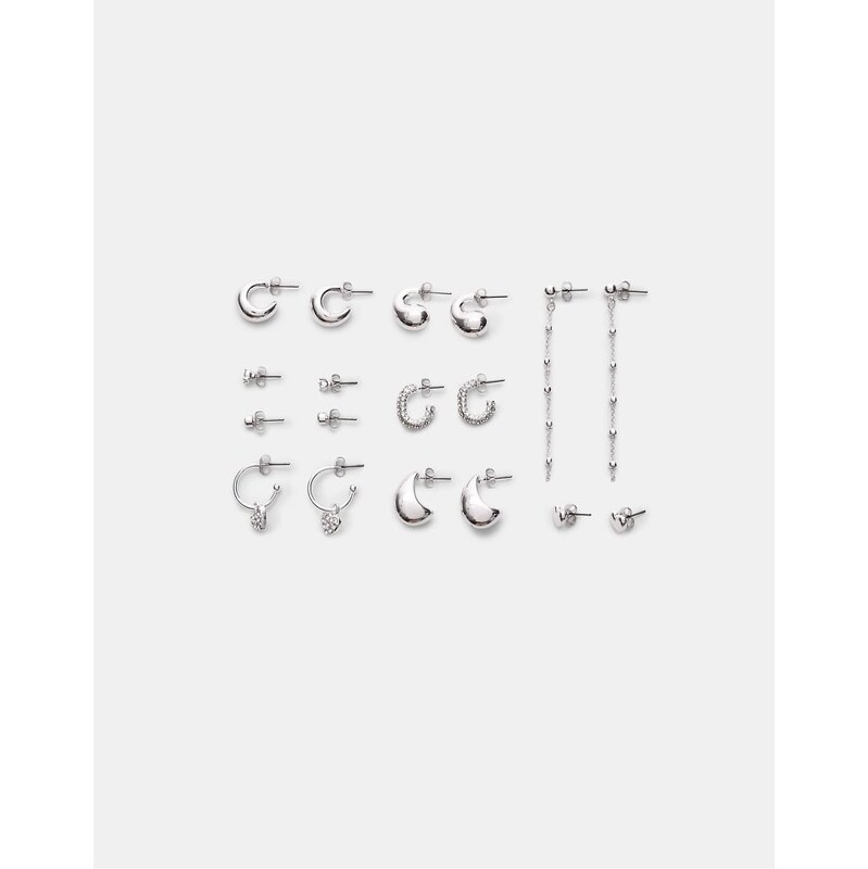 Stradivarius Set of 9 heart and hoop earrings in grey