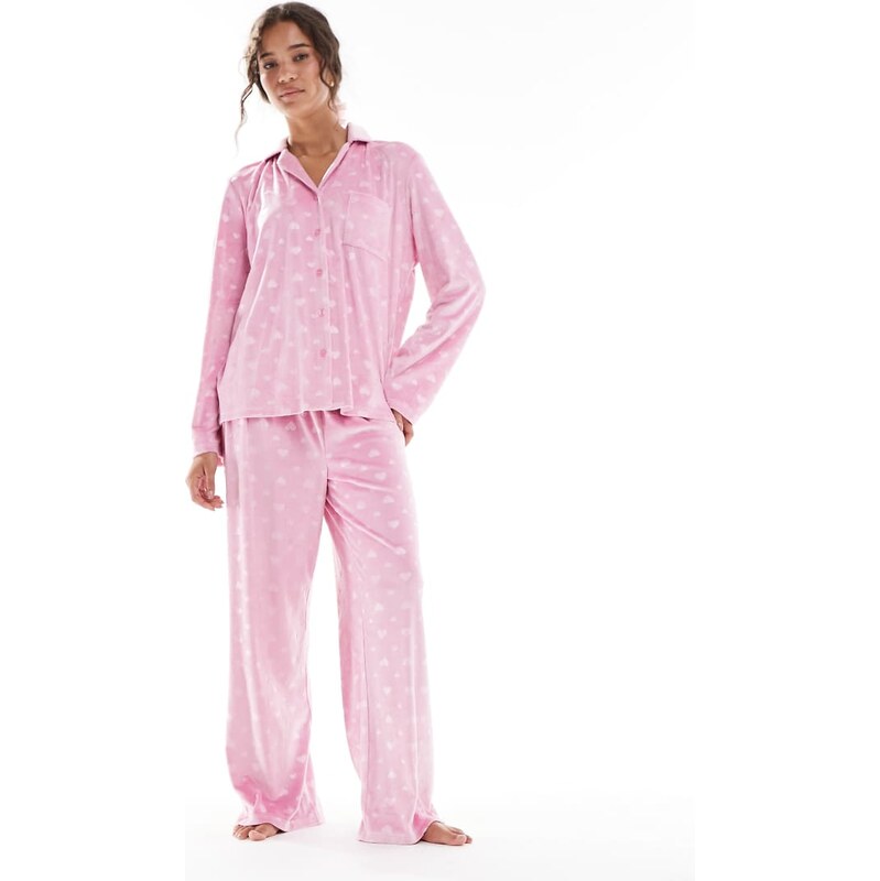 Loungeable heart velour revere top and wide leg pyjama set in pink 109484336