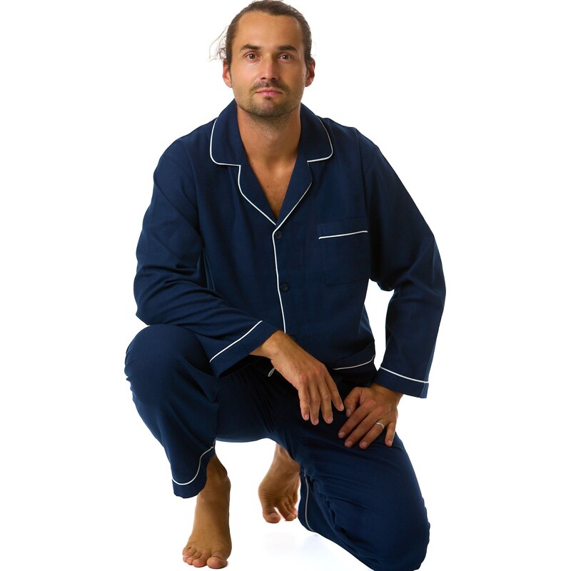 Naspani Pánské flanelové pyžamo, tmavě modré, elegantní proužek,