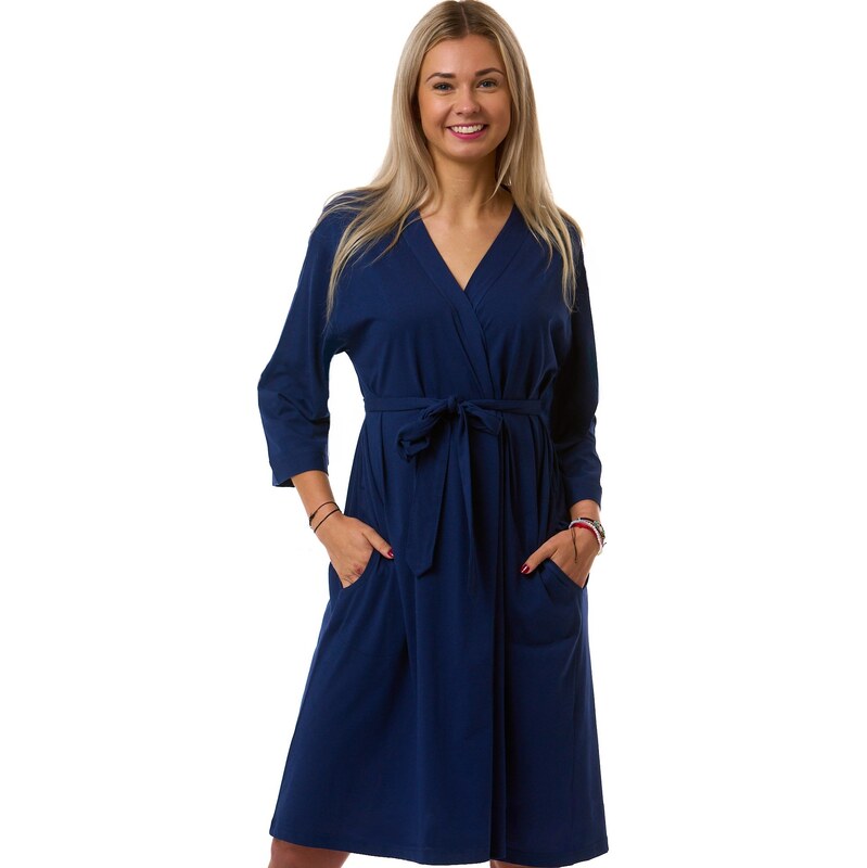 Naspani Dámský župan tmavě modrý 1XL–4XL – bavlněný, pod kolena