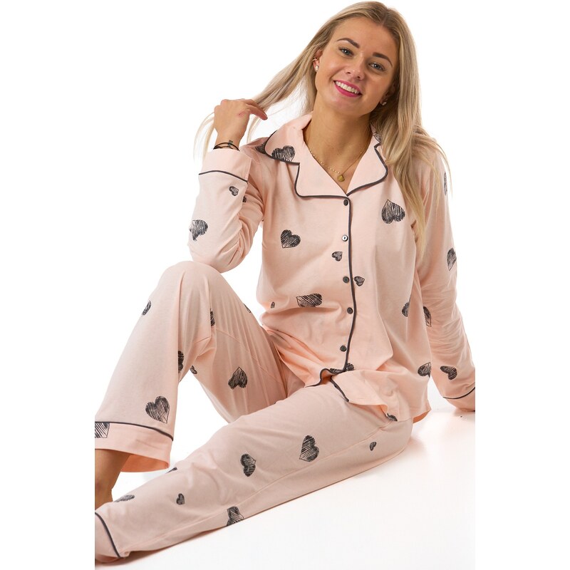 Naspani Elegantní růžové dámské pyžamo se šedými srdíčky 1B2271 110142245