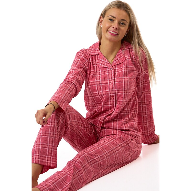 Naspani Elegantní malinově růžové dámské pyžamo s jemným károvaným 110142243