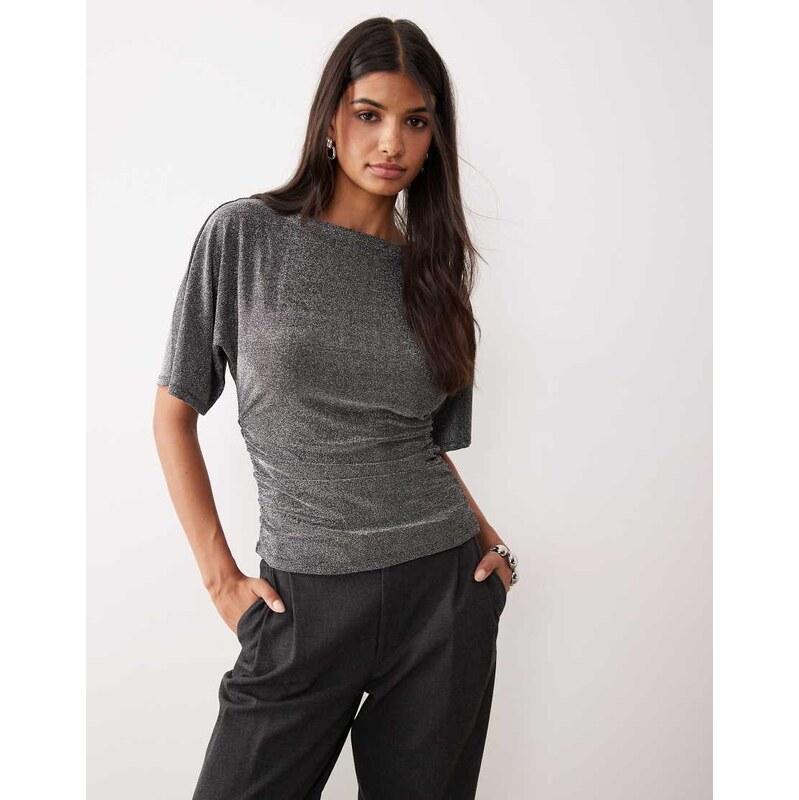 AWARE short sleeve ruched detail glitter top in black and silver 109486336