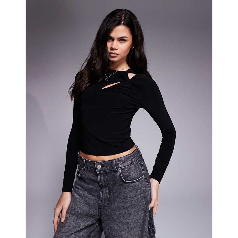 ASOS DESIGN long sleeve top with twist cut out detail in black