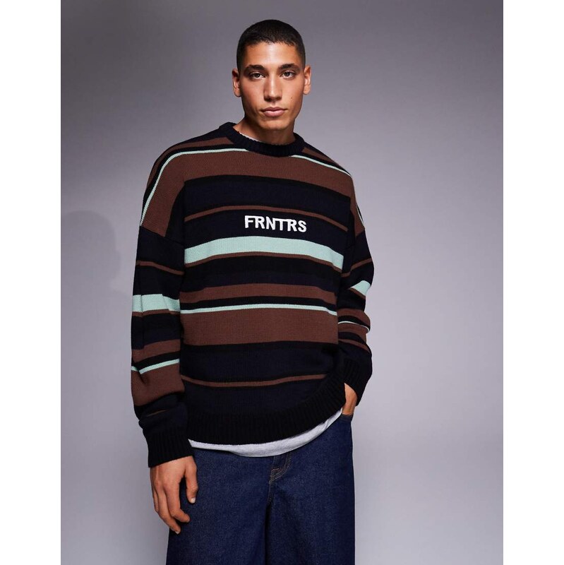 ASOS DESIGN oversized knitted stripe jumper with chest graphic in multicolour