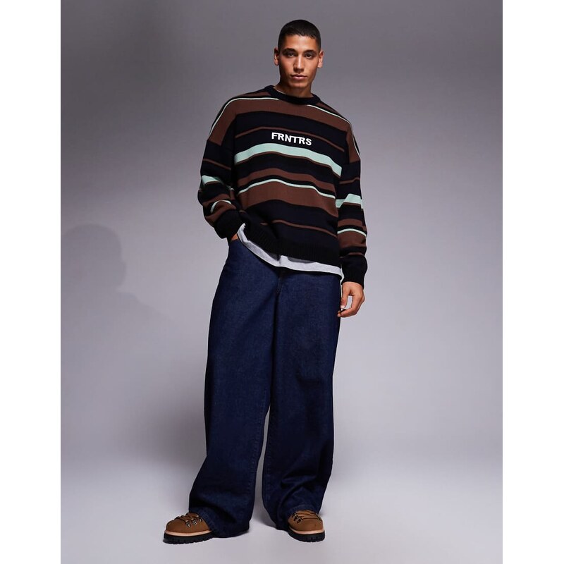 ASOS DESIGN oversized knitted stripe jumper with chest graphic in multicolour