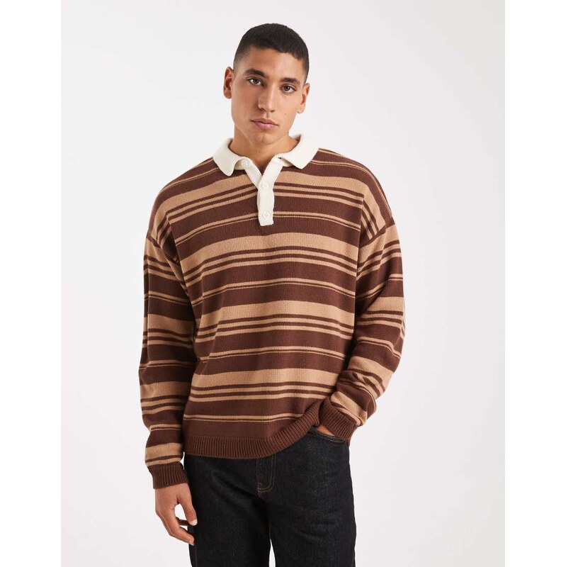 ASOS DESIGN relaxed knitted stripe rugby polo in brown and taupe-Multi
