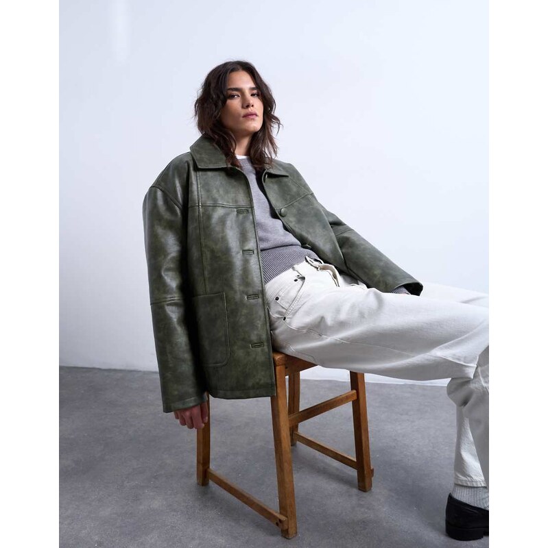 Topshop faux leather collar button thru padded shacket in green