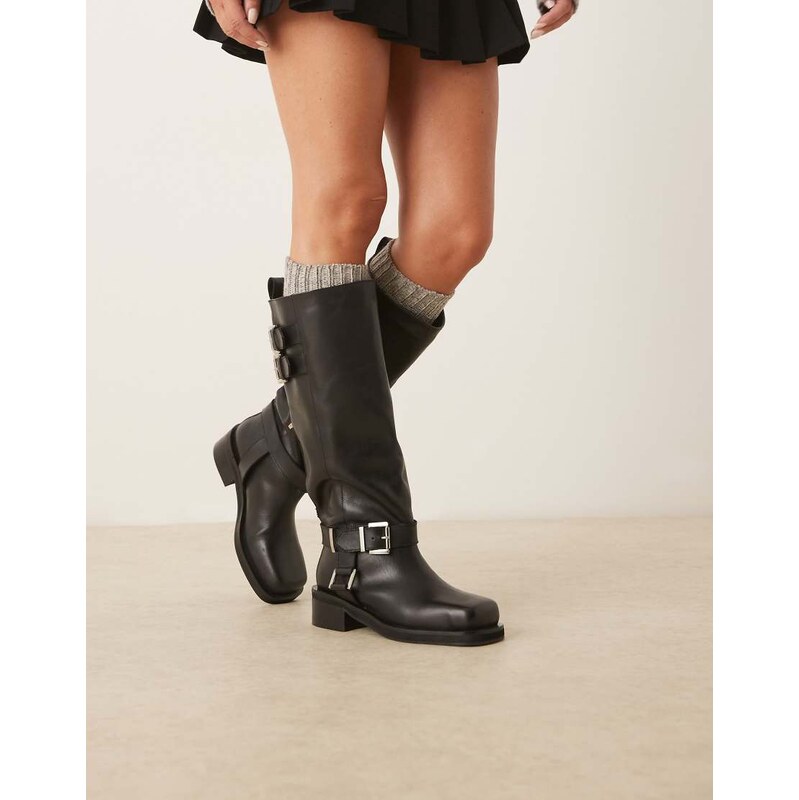 ASOS DESIGN Crest leather harness biker knee boots in black 109605262
