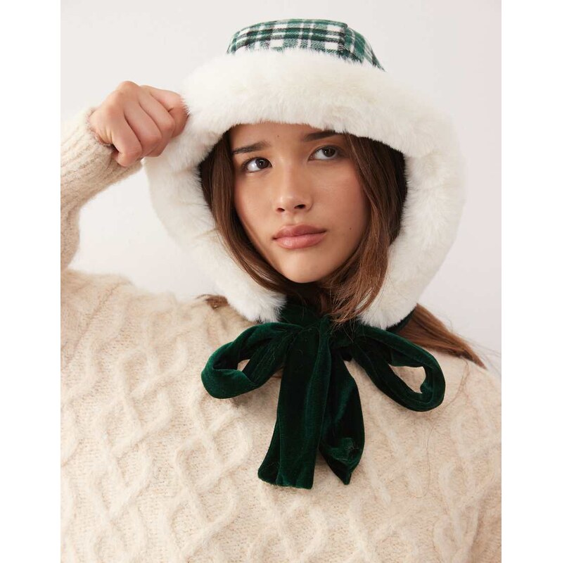 Reclaimed Vintage bonnet with fluffy faux fur in green check with 109596710