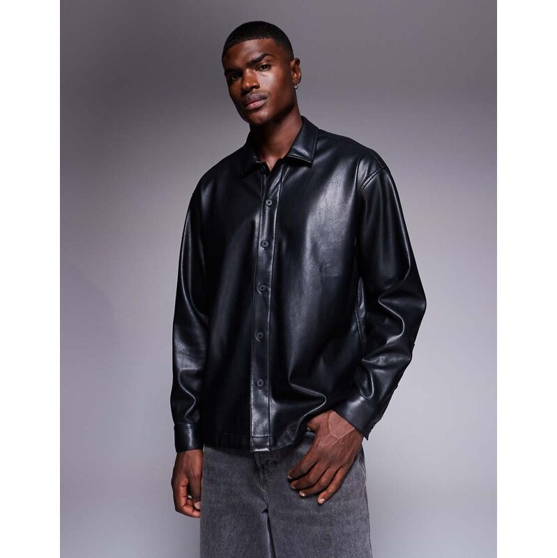 ASOS DESIGN oversized faux leather shirt in black