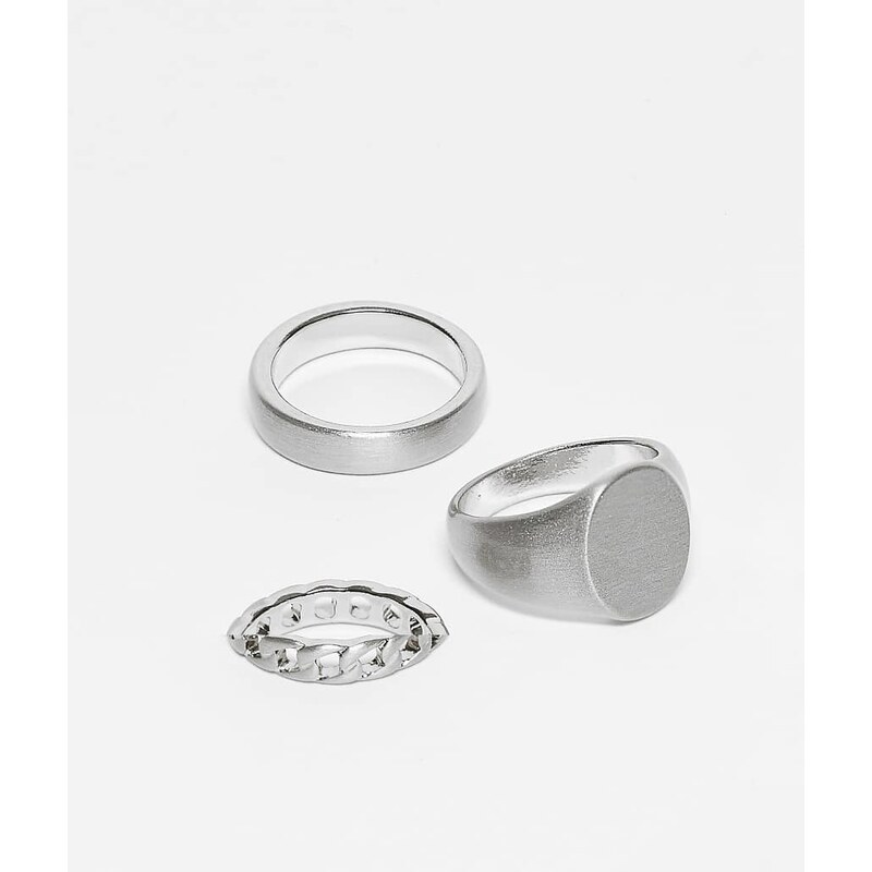 ASOS DESIGN 3 pack brushed and chain signet rings in silver 109670663