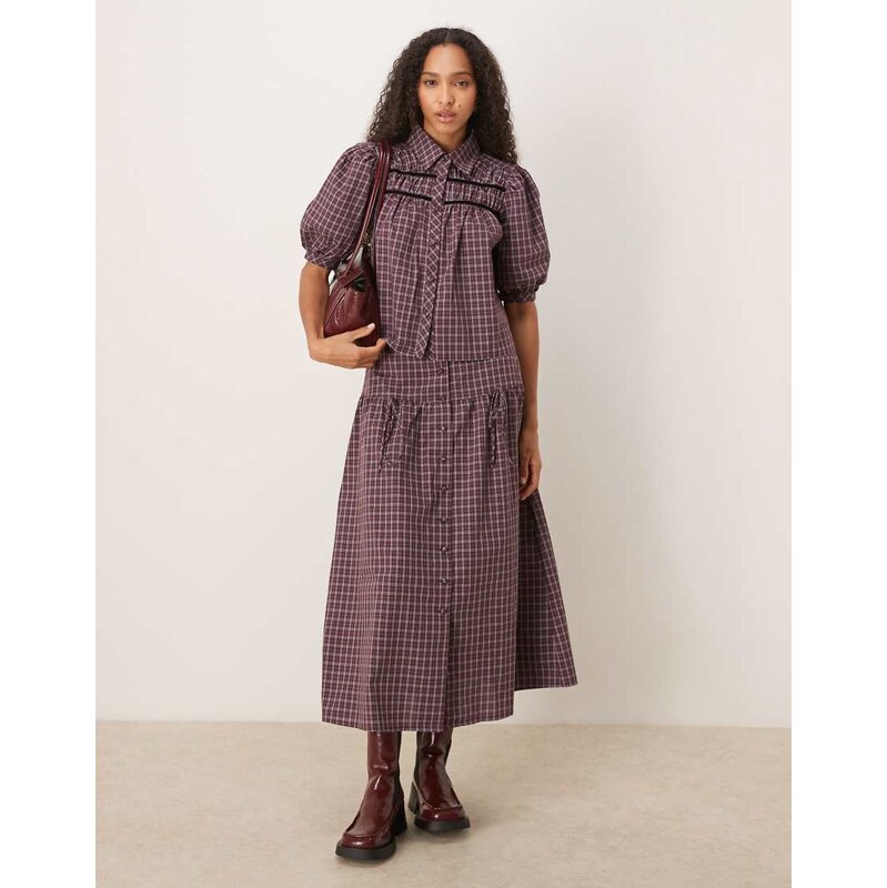 Glamorous drop waist maxi skirt in burgundy black white check co