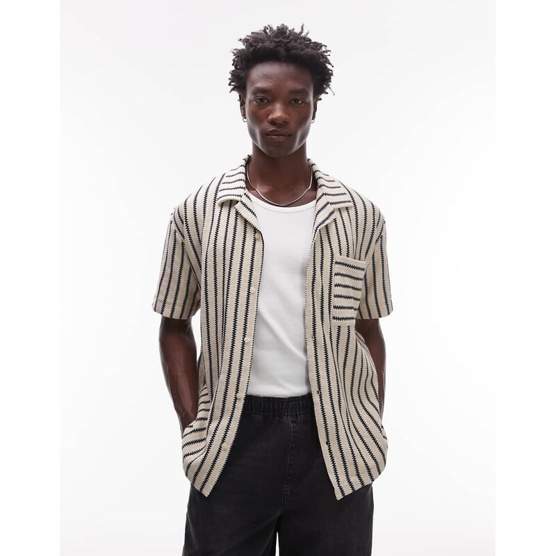 Topman relaxed fit button through jersey shirt with knit stripe