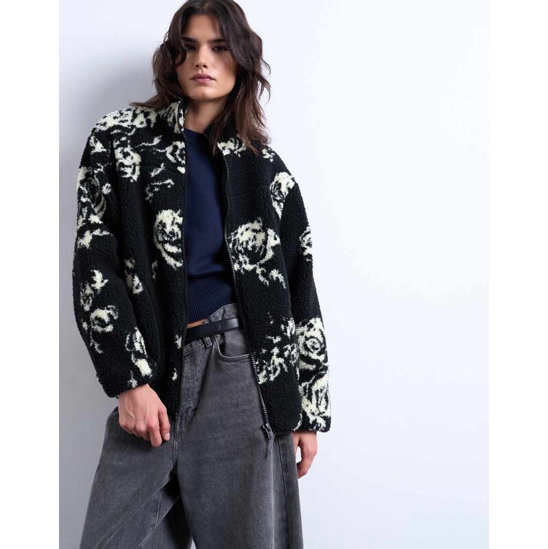 Topshop mono floral print fleece borg jacket in rose-Multi