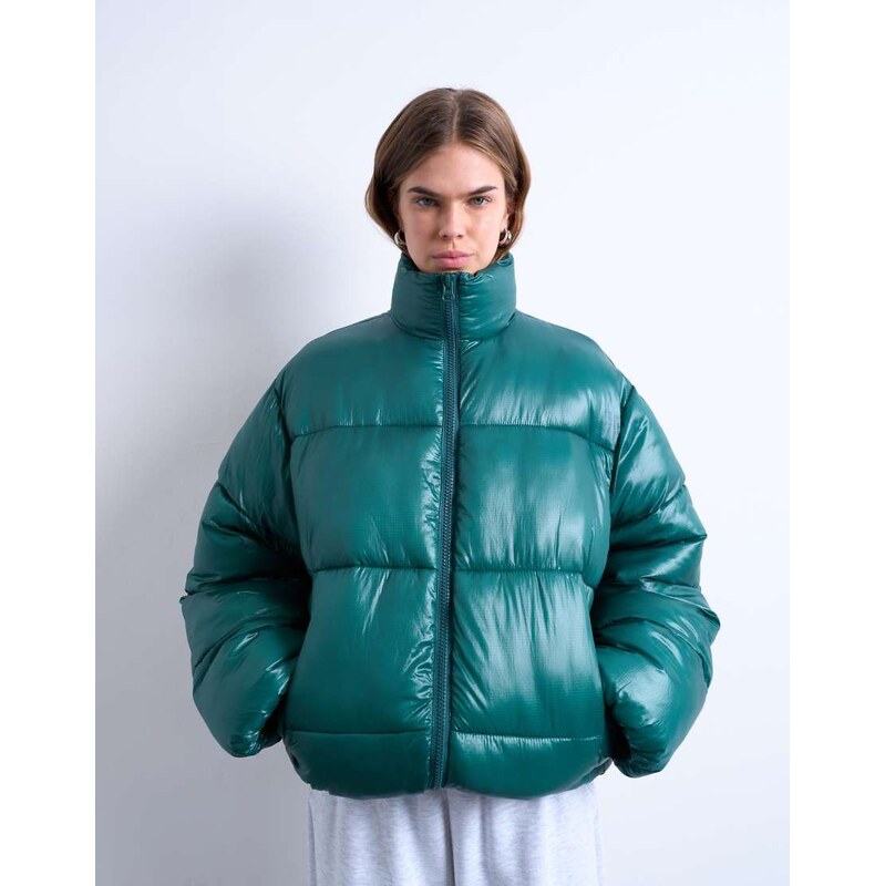 Topshop high shine mid length funnel neck puffer jacket in teal