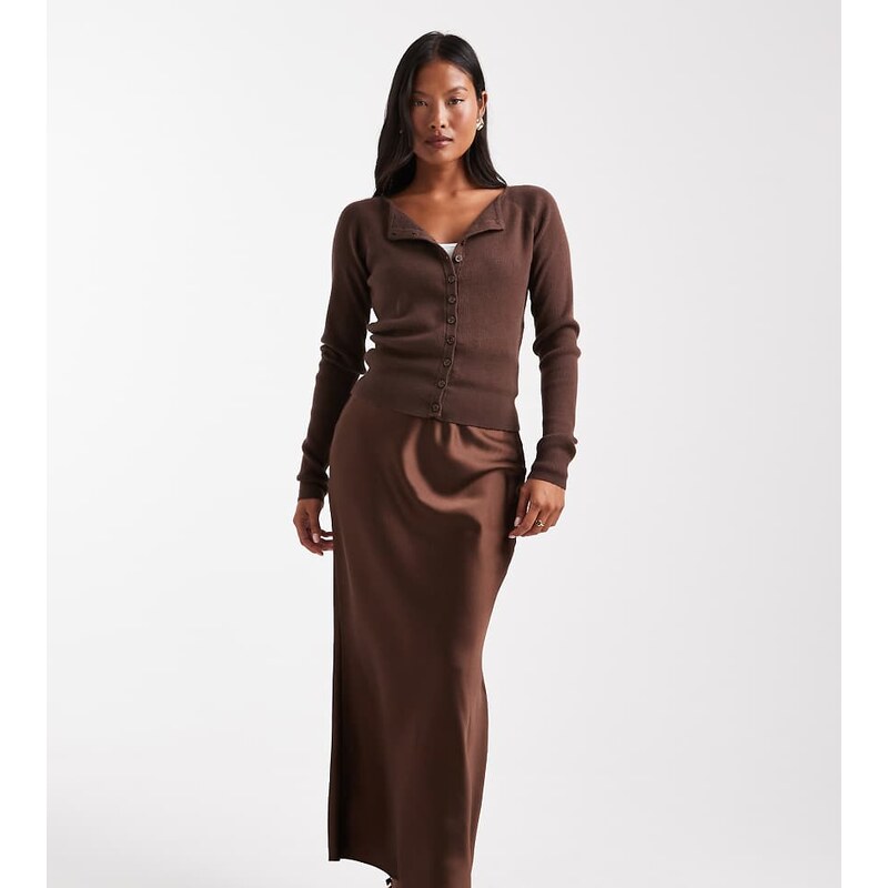 New Look Petite satin bias midi skirt in dark brown
