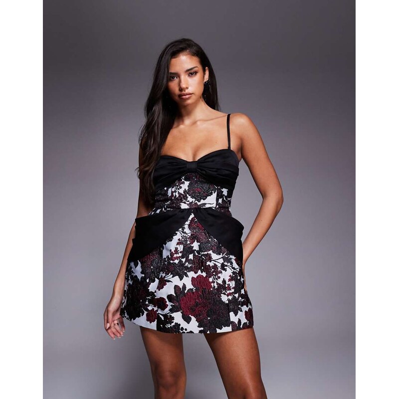 ASOS LUXE red floral jacquard mini dress with satin drape detail and 109369956