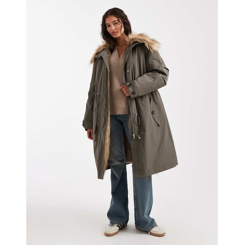 ASOS DESIGN oversized parka with fur trim in khaki-Green