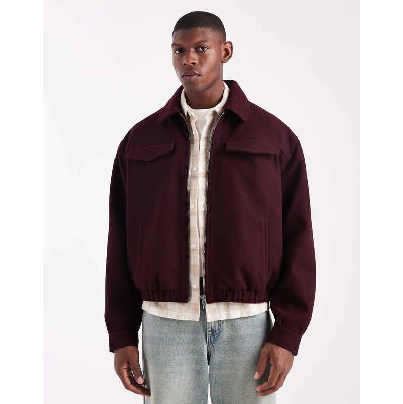 ASOS DESIGN harrington jacket in wool look in burgundy-Red