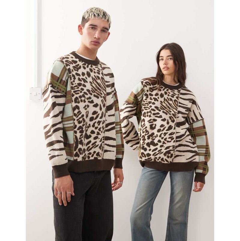 COLLUSION Unisex knitted spliced animal print jumper sweater in