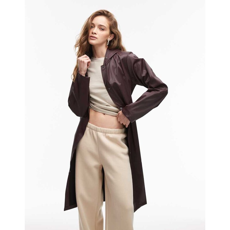 Rains 12020 a-line belted waterproof longer jacket in maroon-Brown 115591425