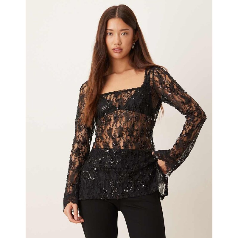 ASOS DESIGN delicate lace embellished square neck long line top