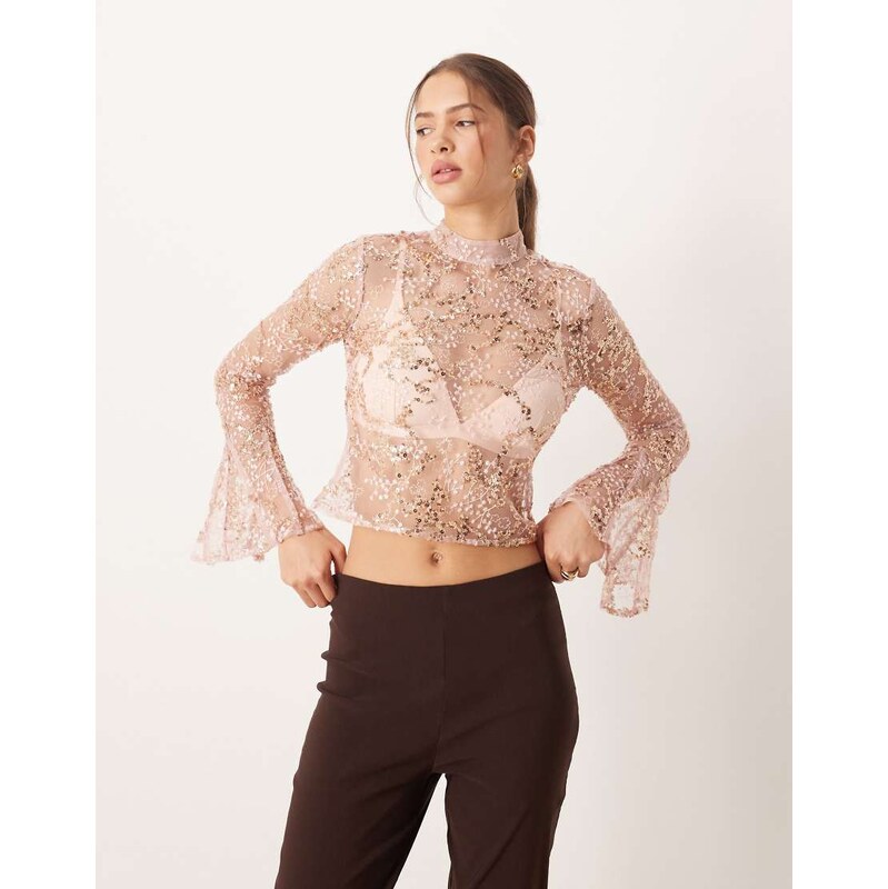 ASOS DESIGN delicate lace scatter sequin flare sleeve top with