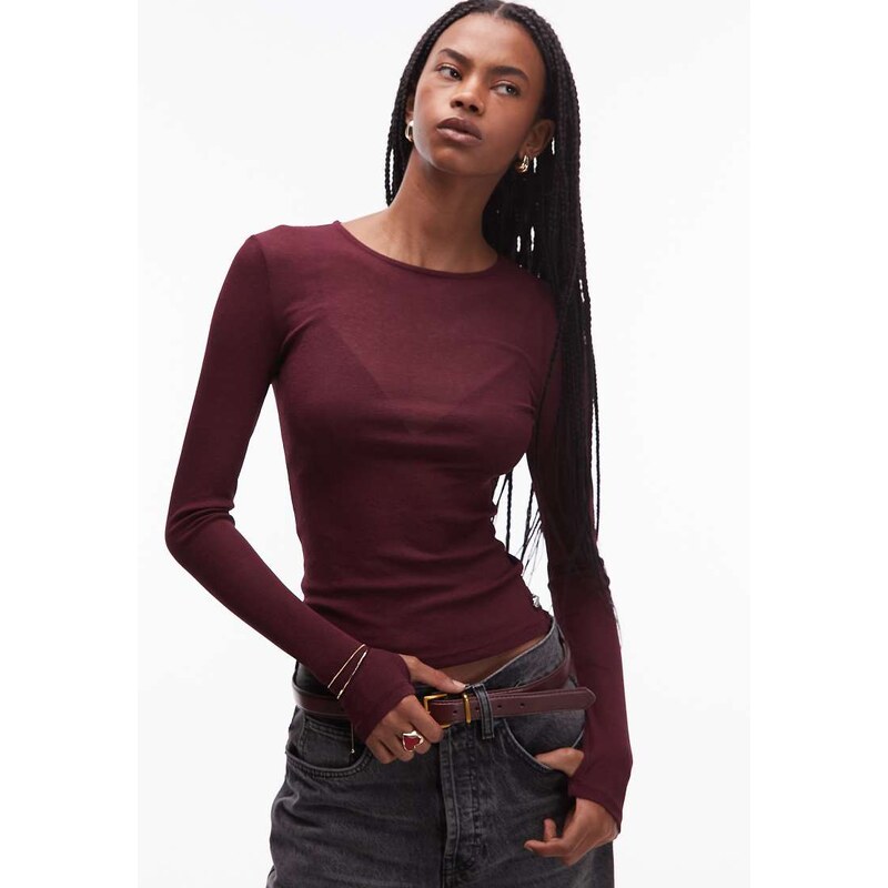ASOS DESIGN semi sheer longline top in berry-Purple