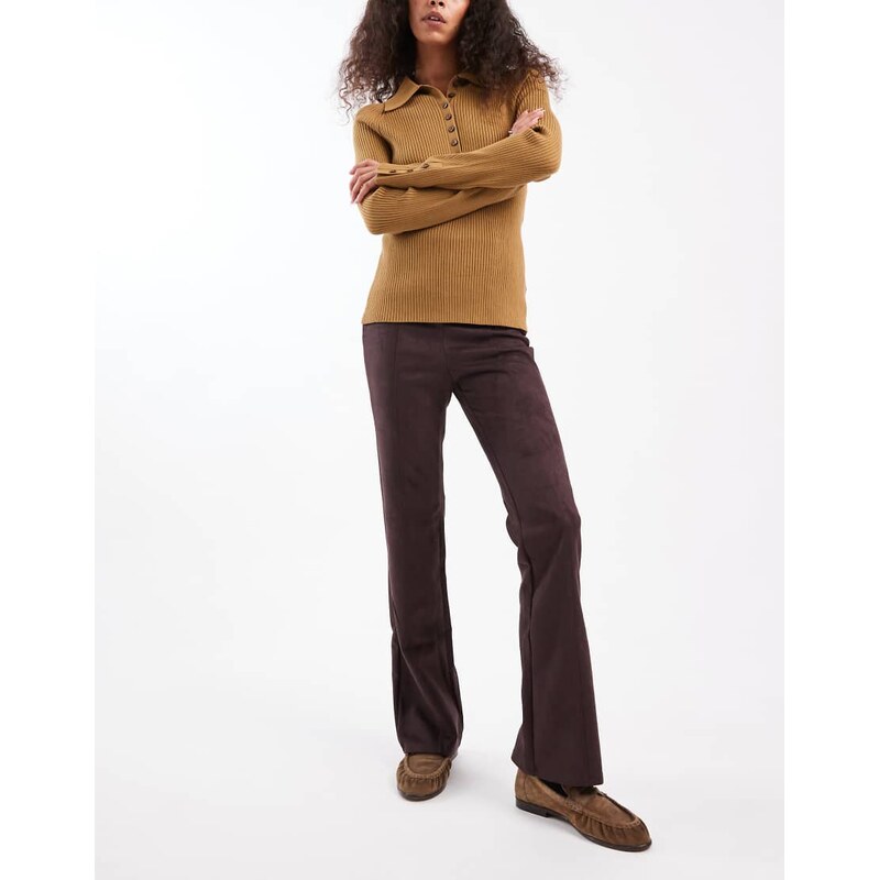 New Look faux suede kick flare leggings in dark brown 109486410
