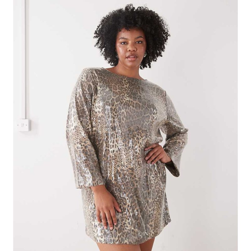 Noisy May Curve open back sequin mini dress in leopard-Black 109486442