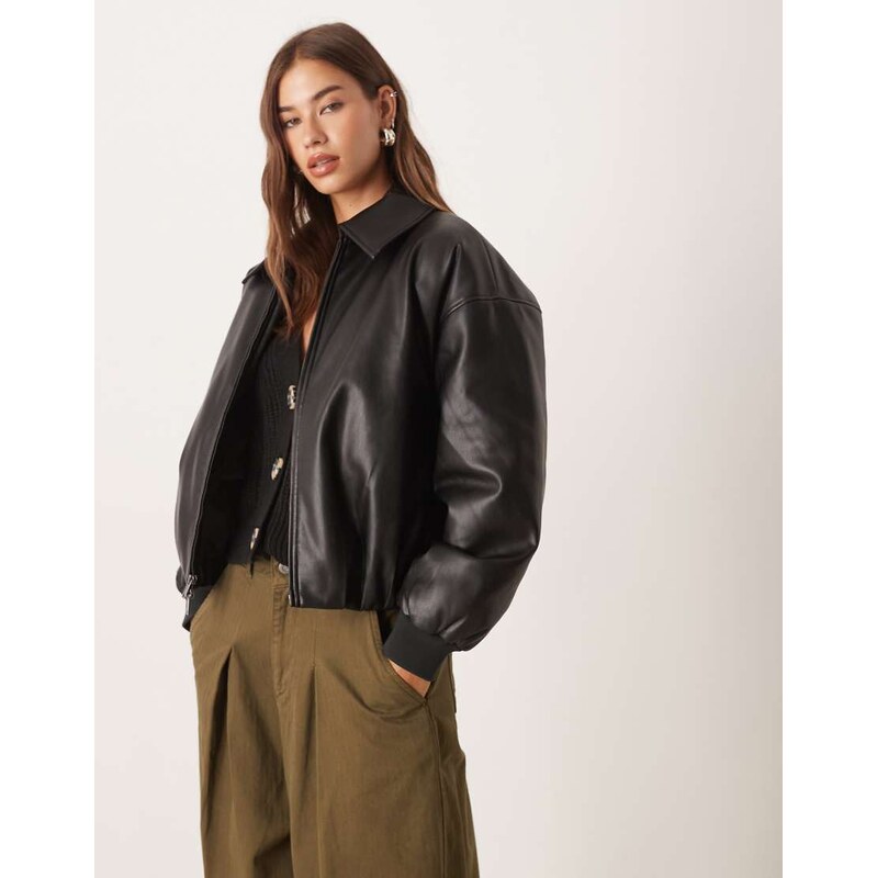 Abercrombie & Fitch vegan leather bubble hem bomber jacket in black 109486467