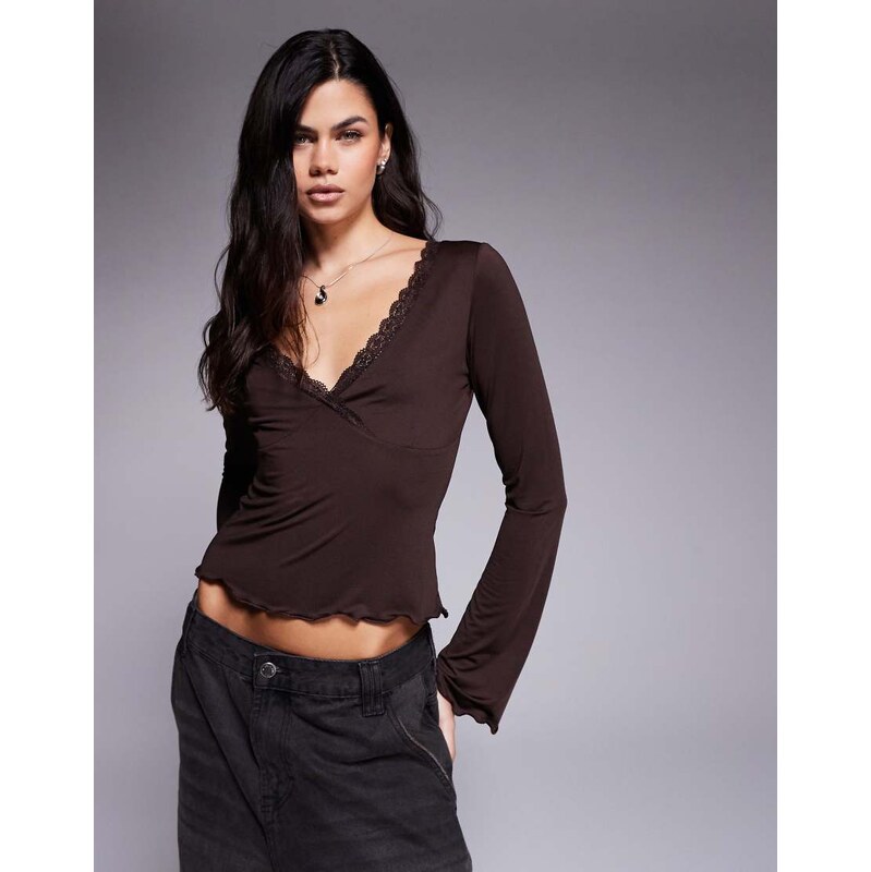 ASOS DESIGN slinky flared long sleeve lace trim v-neck top in