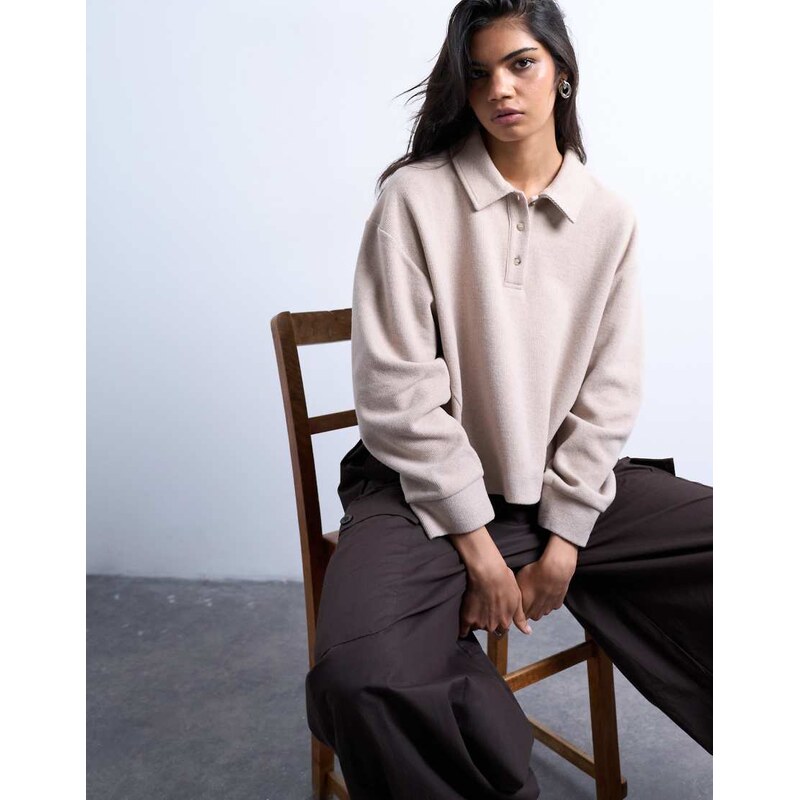 Topshop soft touch boxy long sleeve polo in taupe-Neutral 109486532