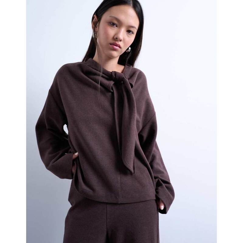 Topshop soft touch neck tie long sleeve tee co-ord in chocolate-Brown 109486536